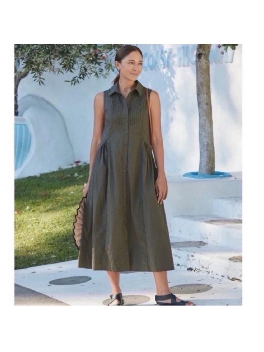 Maye Women’s Cotton Casual Sleeveless Collared Midi Dress in Olive